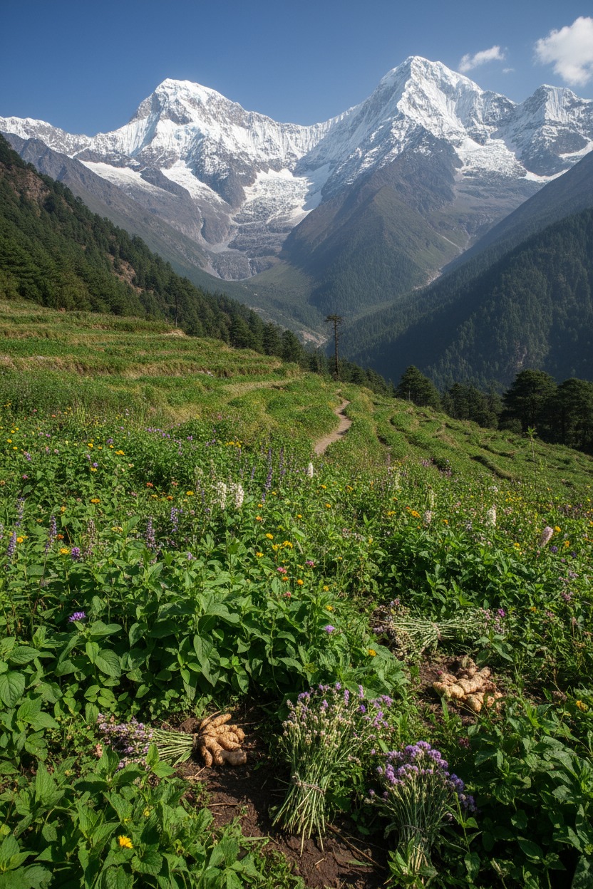 A dirt path winds through terraced fields of wildflowers and harvested ginger roots toward snow-capped mountains in the Himalayas.